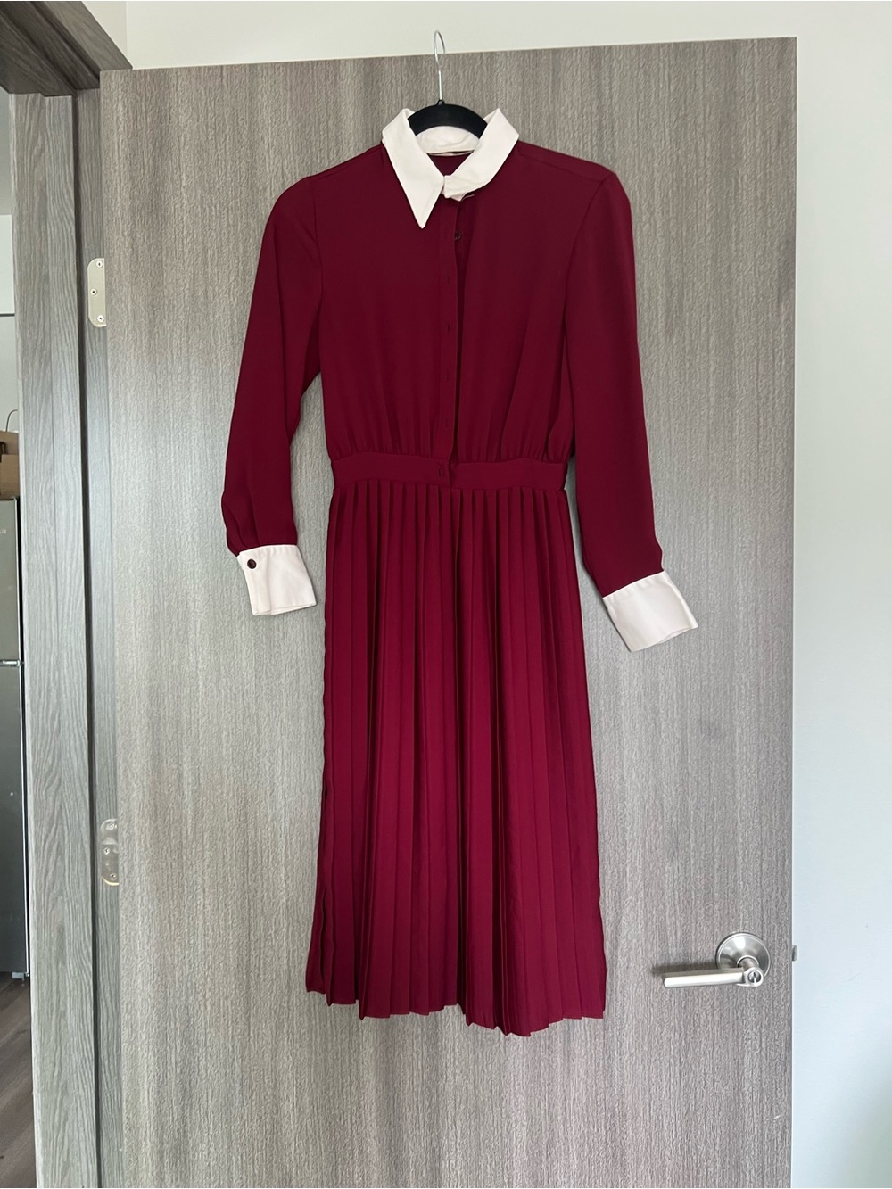 Zara Burgundy Long-Sleeve Pleated Shirt Dress with White Collar & Cuffs